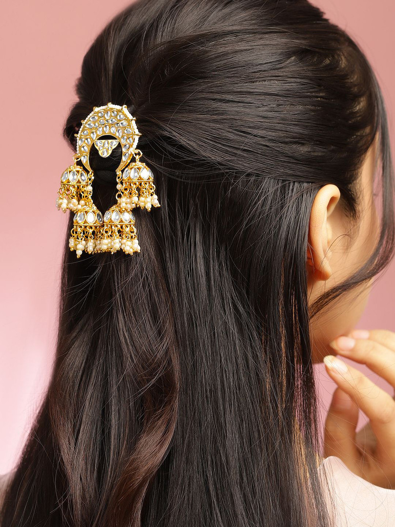 Rubans 18K Gold-Plated Crescent Kundan Hair Accessory with Pearl Beaded Jhumka Tassels
